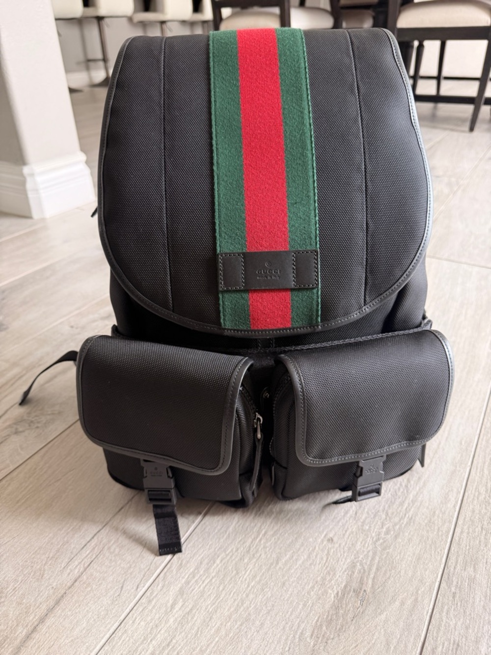 Gucci Black Backpack with Green and Red Center Stripe